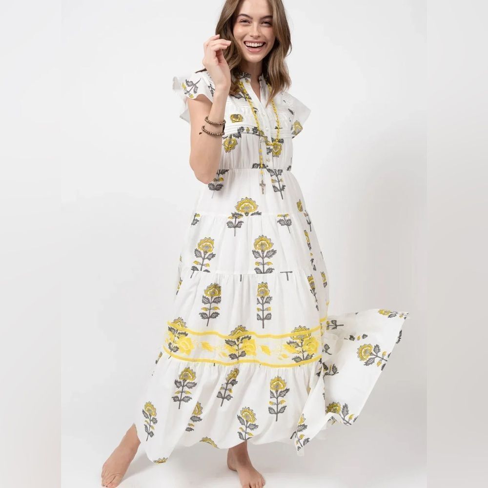 Sister Mary Serena Maxi Dress Floral White and Embroidered Yellow